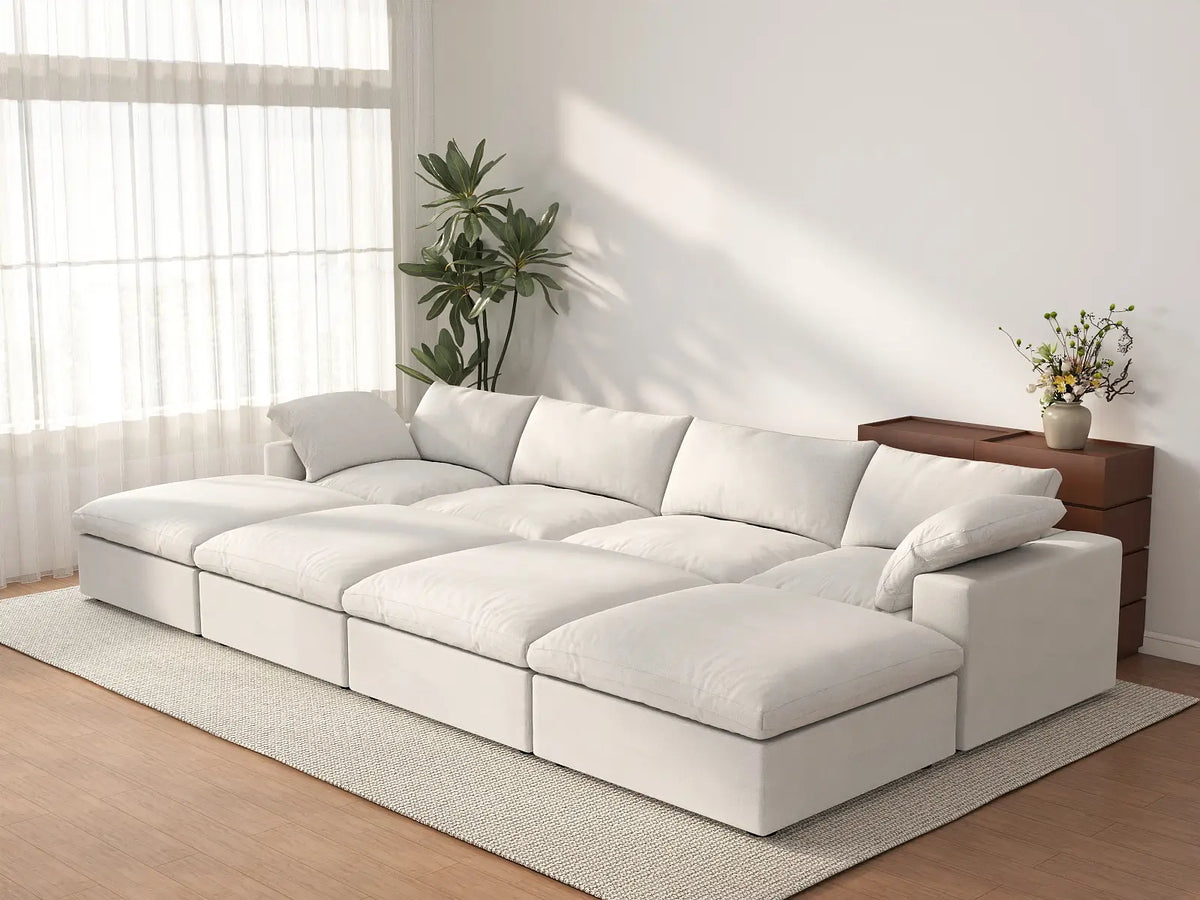 Deluxe Cloud 4-Seater White Pit Sectional | 8-Piece (Includes 4 Ottomans), Cotton And Linen Fabric, Family Room Seating, Washable Cushion Covers