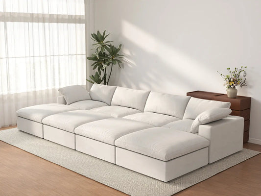 Deluxe Cloud 4-Seater White Pit Sectional | 8-Piece (Includes 4 Ottomans), Cotton And Linen Fabric, Family Room Seating, Washable Cushion Covers