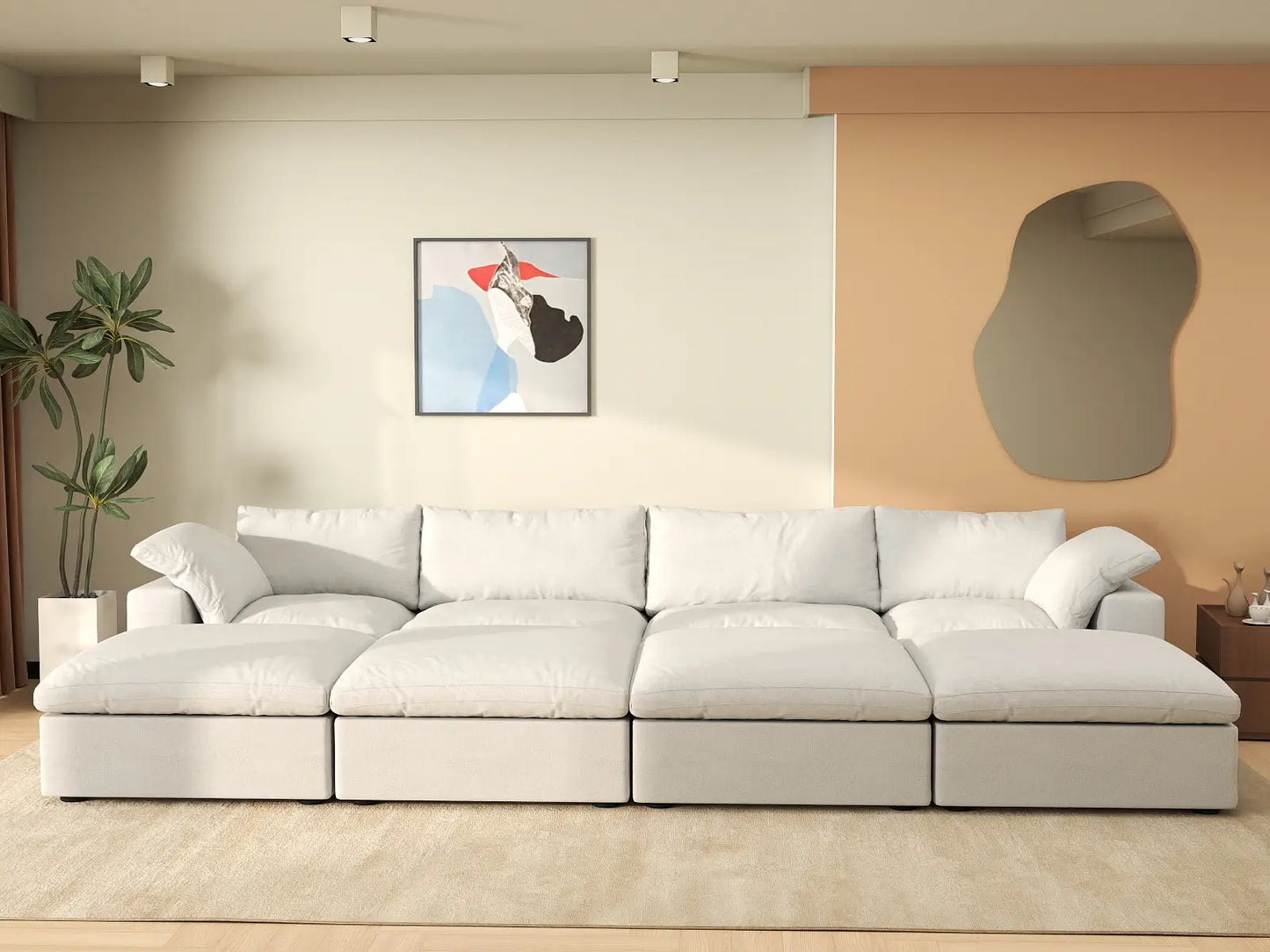 Deluxe Premium Cloud Sectional Sofa Covers | White Cotton and Linen Sofa Cover for 4-Seater with 4-Ottomans