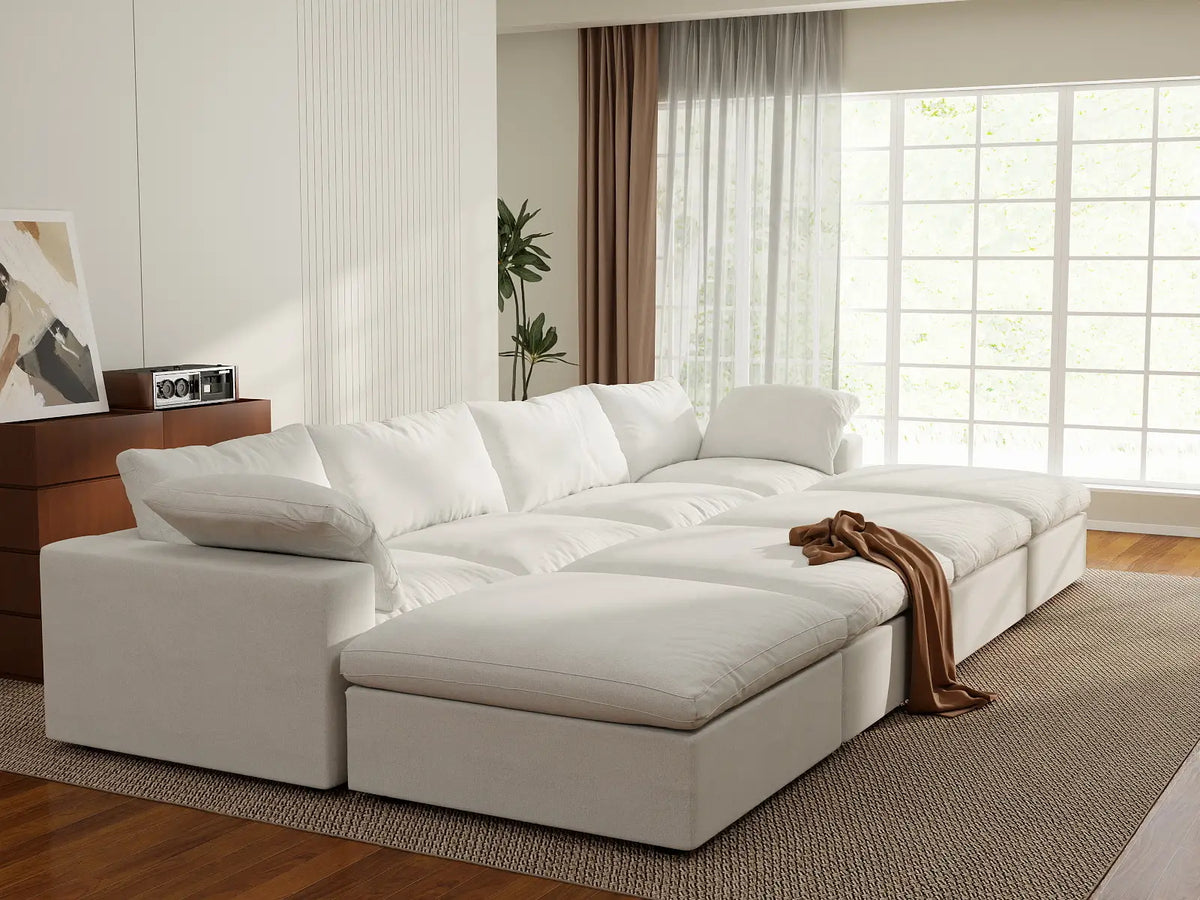 Deluxe Premium Cloud Sectional Sofa Covers | White Cotton and Linen Sofa Cover for 4-Seater with 4-Ottomans