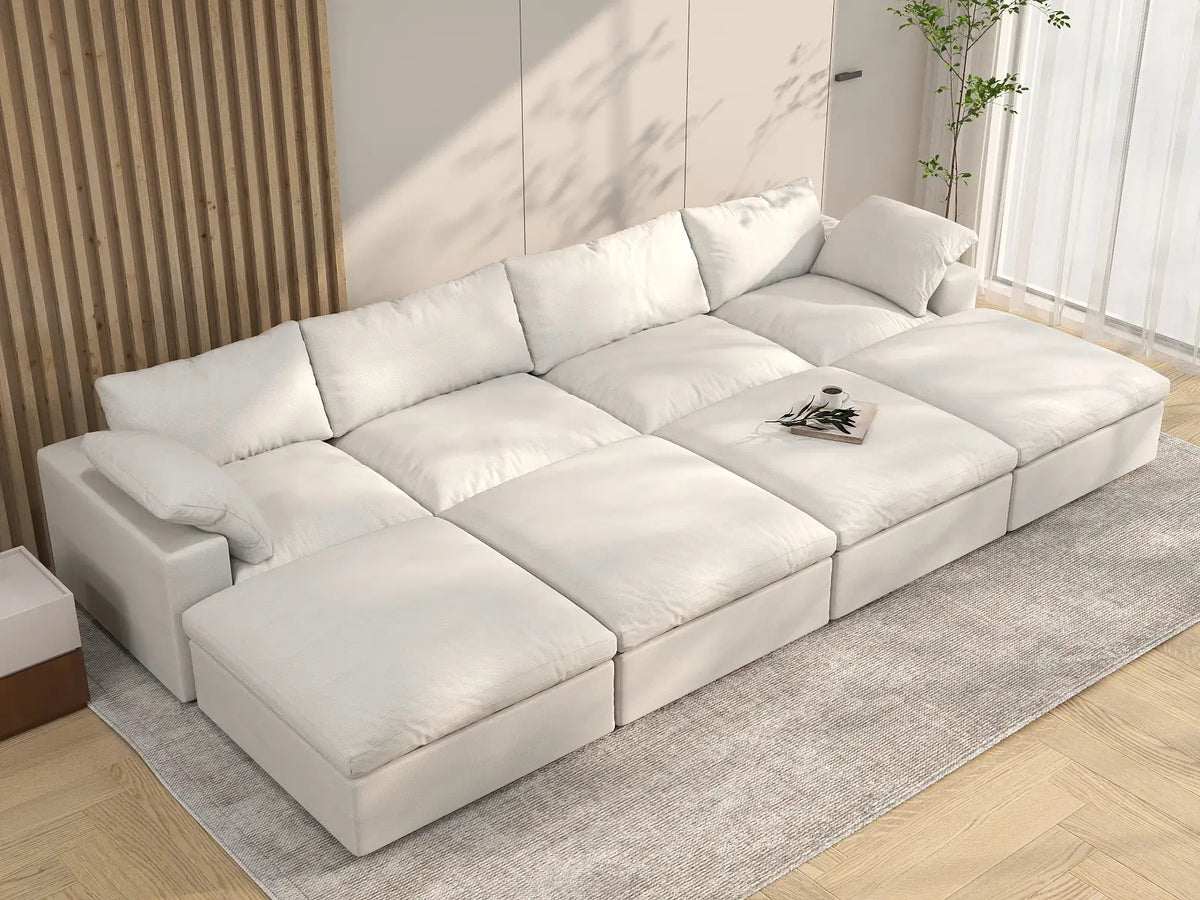 Deluxe Premium Cloud Sectional Sofa Covers | White Cotton and Linen Sofa Cover for 4-Seater with 4-Ottomans