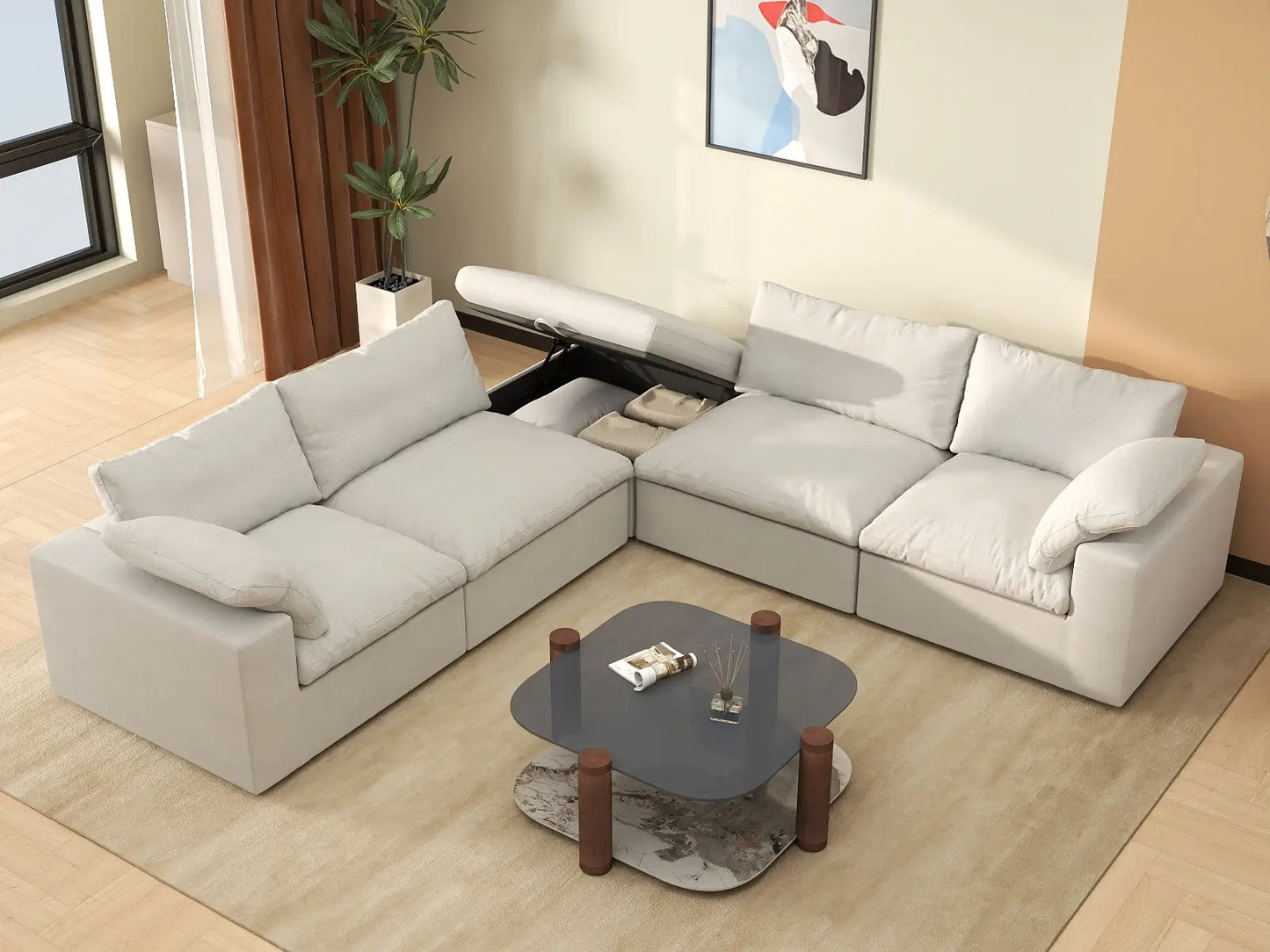 Deluxe Premium Cloud Sectional Sofa Covers | White Cotton and Linen Sofa Cover for 4-Seater with 1-Ottoman