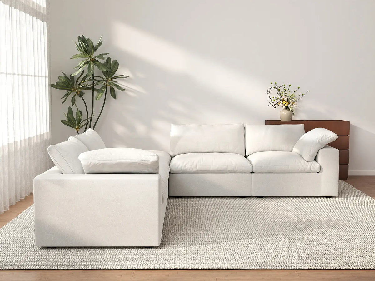 Deluxe Cloud 4-Seater White V-Shaped Sectional | 5-Piece (Includes 1 Ottoman), Cotton And Linen Fabric, Living Room Seating, Washable Cushion Covers