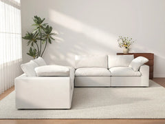 Deluxe Cloud 4-Seater White V-Shaped Sectional | 5-Piece (Includes 1 Ottoman), Cotton And Linen Fabric, Living Room Seating, Washable Cushion Covers