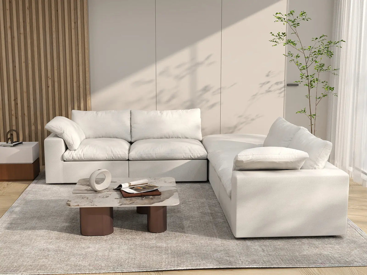 Deluxe Premium Cloud Sectional Sofa Covers | White Cotton and Linen Sofa Cover for 4-Seater with 1-Ottoman