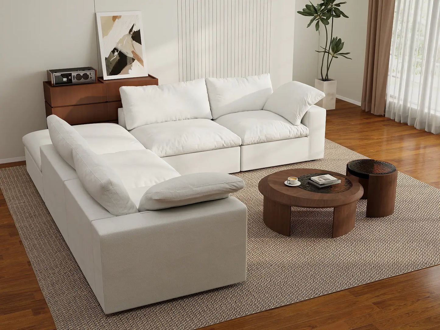 Deluxe Premium Cloud Sectional Sofa Covers | White Cotton and Linen Sofa Cover for 4-Seater with 1-Ottoman