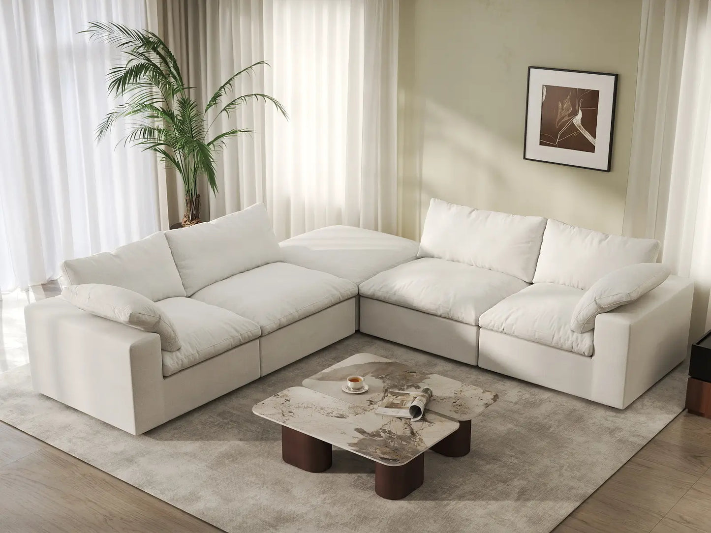 Deluxe Premium Cloud Sectional Sofa Covers | White Cotton and Linen Sofa Cover for 4-Seater with 1-Ottoman