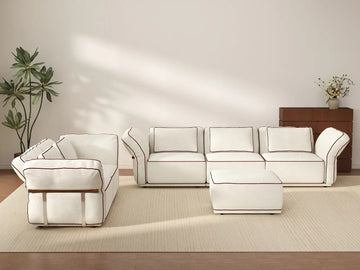 Deluxe Cloud 5-Seater Beige Large Space L-Shaped Sectional | 6-Piece (Includes 1 Ottoman), Bouclé Sherpa-Like Fabric, Easy To Clean