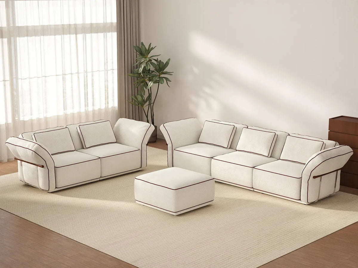 Deluxe Cloud 5-Seater Beige Large Space L-Shaped Sectional | 6-Piece (Includes 1 Ottoman), Bouclé Sherpa-Like Fabric, Easy To Clean