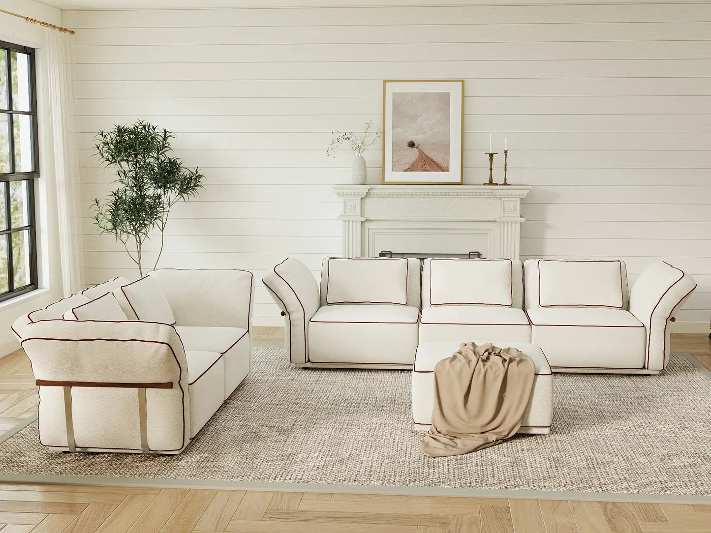 Deluxe Cloud 5-Seater Beige Large Space L-Shaped Sectional | 6-Piece (Includes 1 Ottoman), Bouclé Sherpa-Like Fabric, Easy To Clean