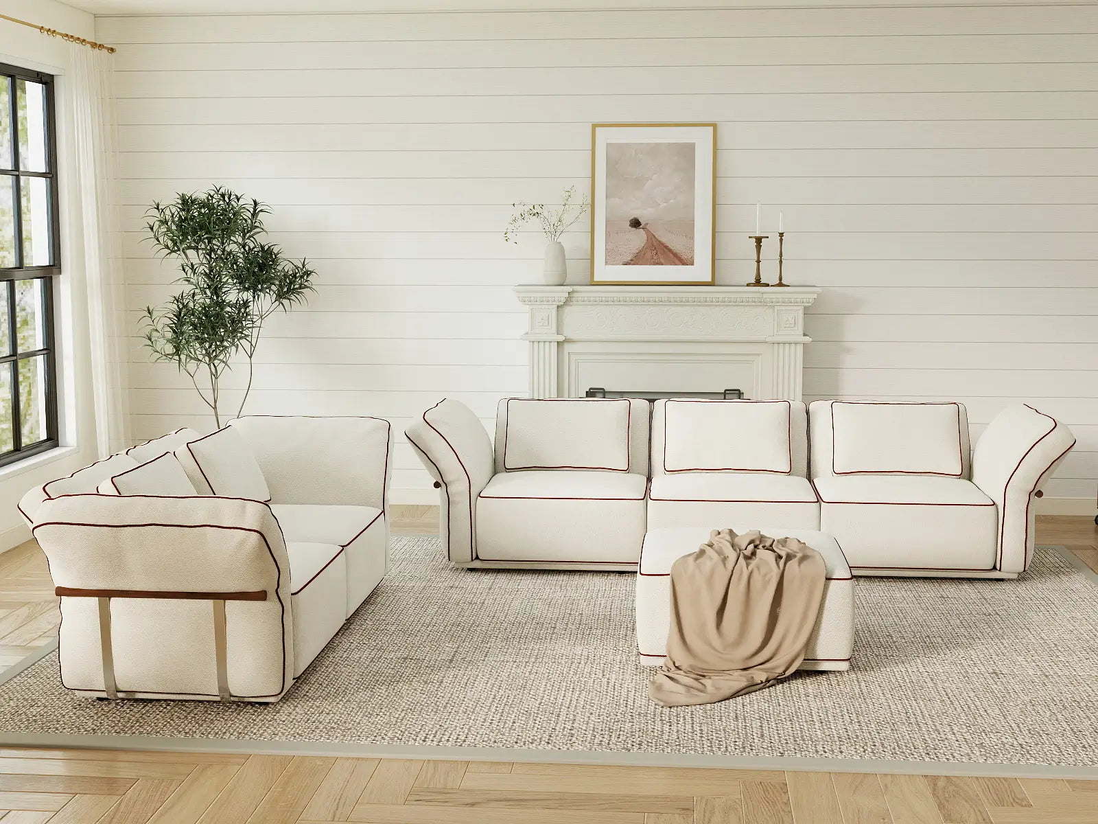 Deluxe Cloud 5-Seater Beige Large Space L-Shaped Sectional | 6-Piece (Includes 1 Ottoman), Bouclé Sherpa-Like Fabric, Easy To Clean