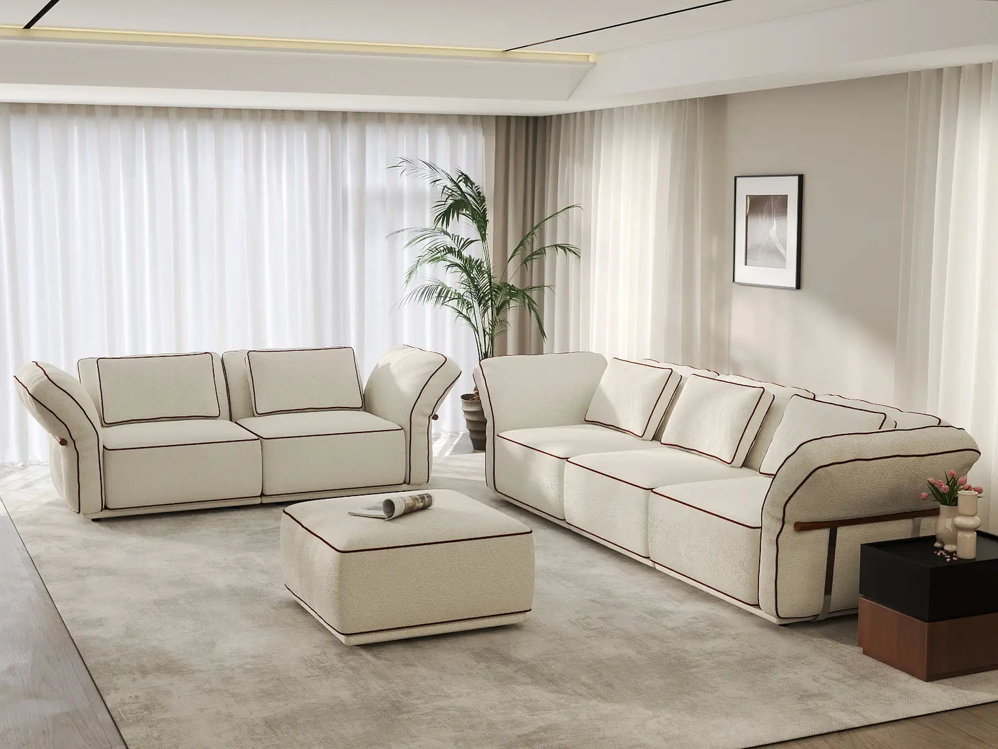 Deluxe Cloud 5-Seater Beige Large Space L-Shaped Sectional | 6-Piece (Includes 1 Ottoman), Bouclé Sherpa-Like Fabric, Easy To Clean