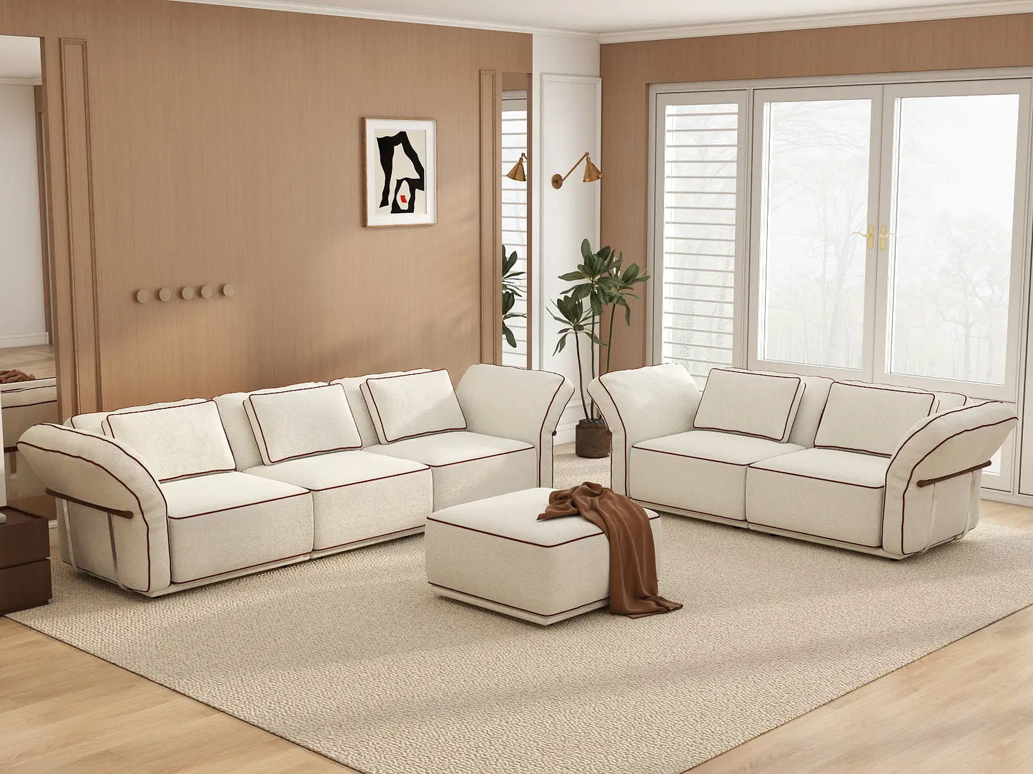 Deluxe Cloud 5-Seater Beige Large Space L-Shaped Sectional | 6-Piece (Includes 1 Ottoman), Bouclé Sherpa-Like Fabric, Easy To Clean