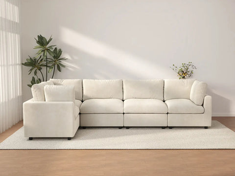 Seccional de lujo Cloud en forma de L de 5 plazas, beige, espacioso | 5 piezas, tela de chenilla de mezcla de lino, fácil de limpiar