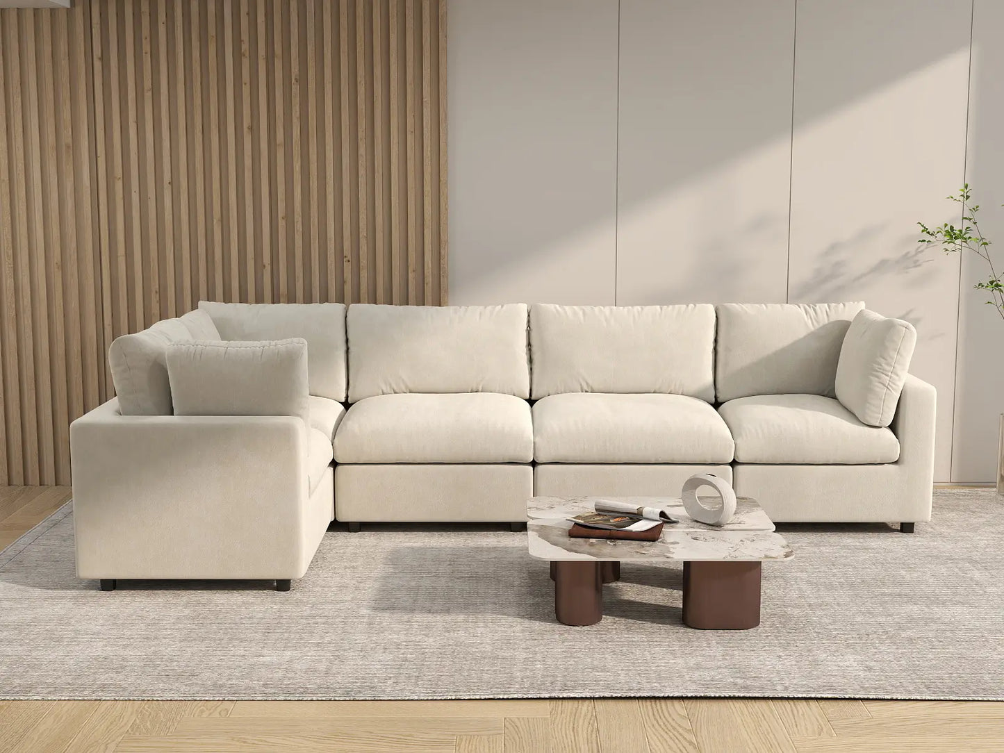 Seccional de lujo Cloud en forma de L de 5 plazas, beige, espacioso | 5 piezas, tela de chenilla de mezcla de lino, fácil de limpiar