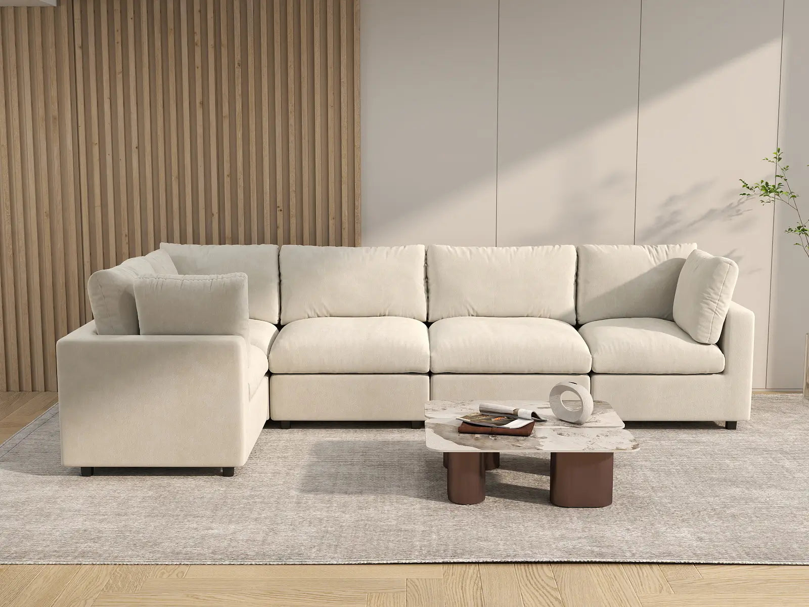 Seccional de lujo Cloud en forma de L de 5 plazas, beige, espacioso | 5 piezas, tela de chenilla de mezcla de lino, fácil de limpiar