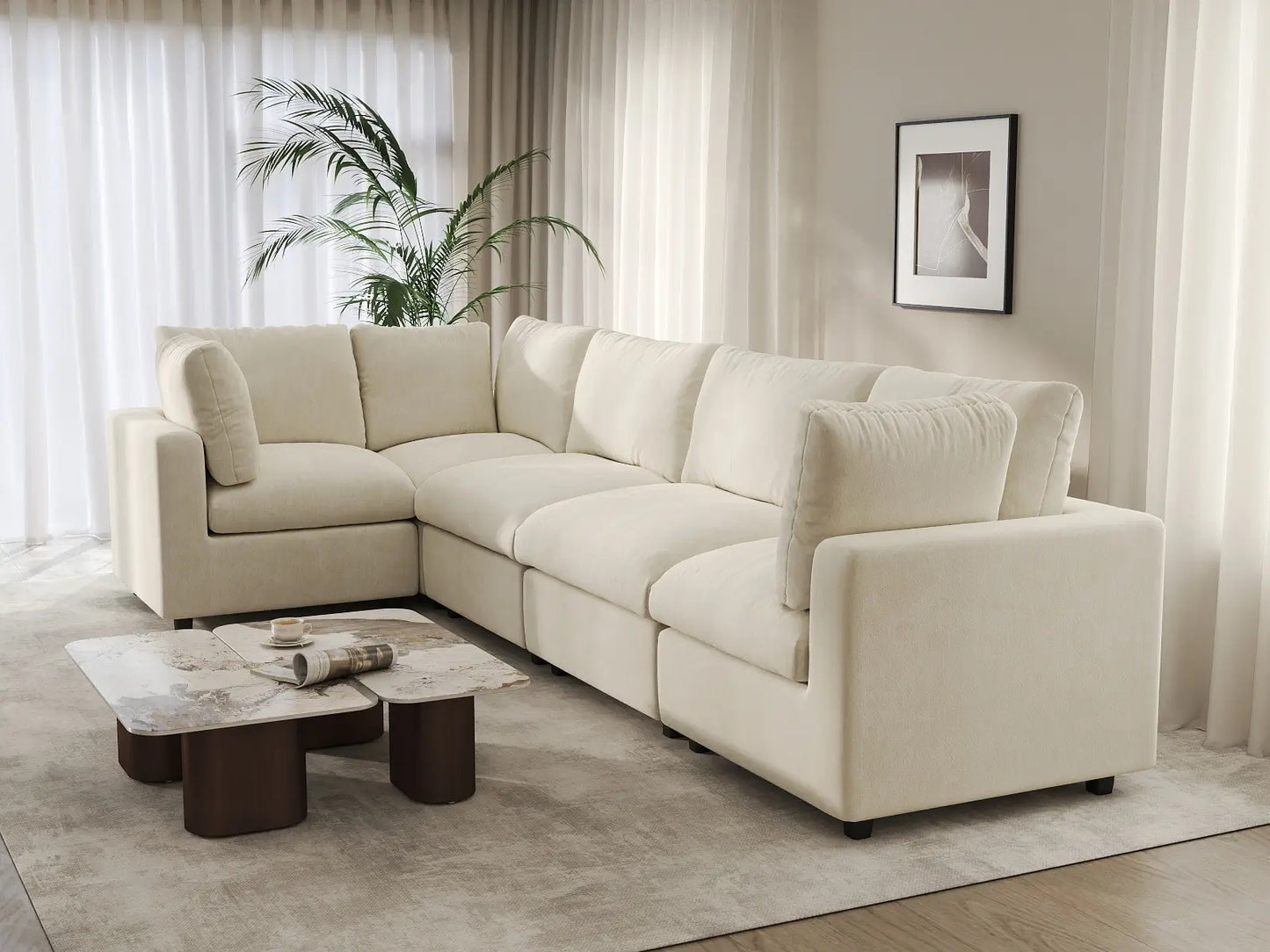 Seccional de lujo Cloud en forma de L de 5 plazas, beige, espacioso | 5 piezas, tela de chenilla de mezcla de lino, fácil de limpiar