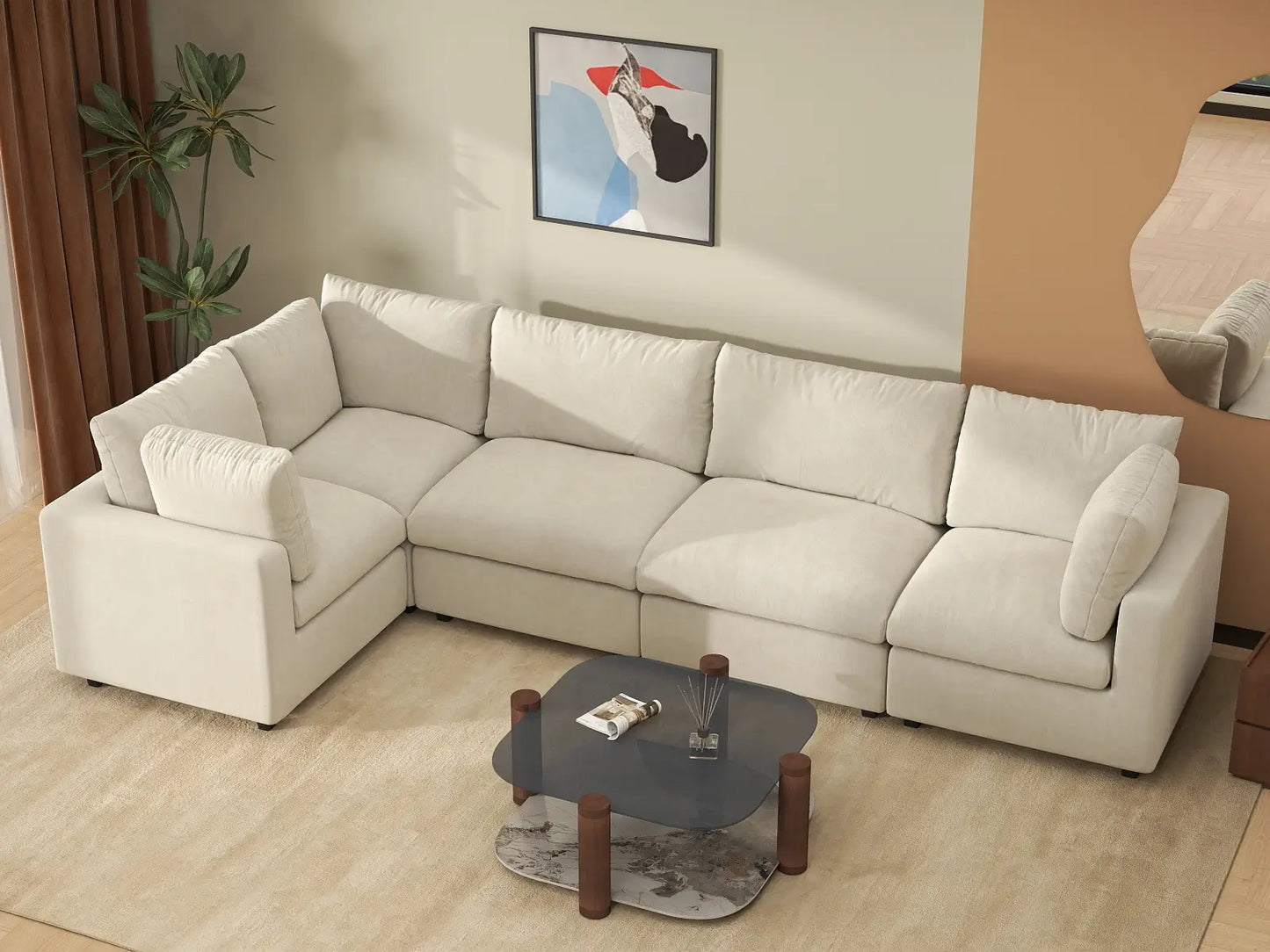 Fundas de sofá seccional Lounge Cloud | Funda de sofá de chenilla mezcla de lino beige para 5 asientos
