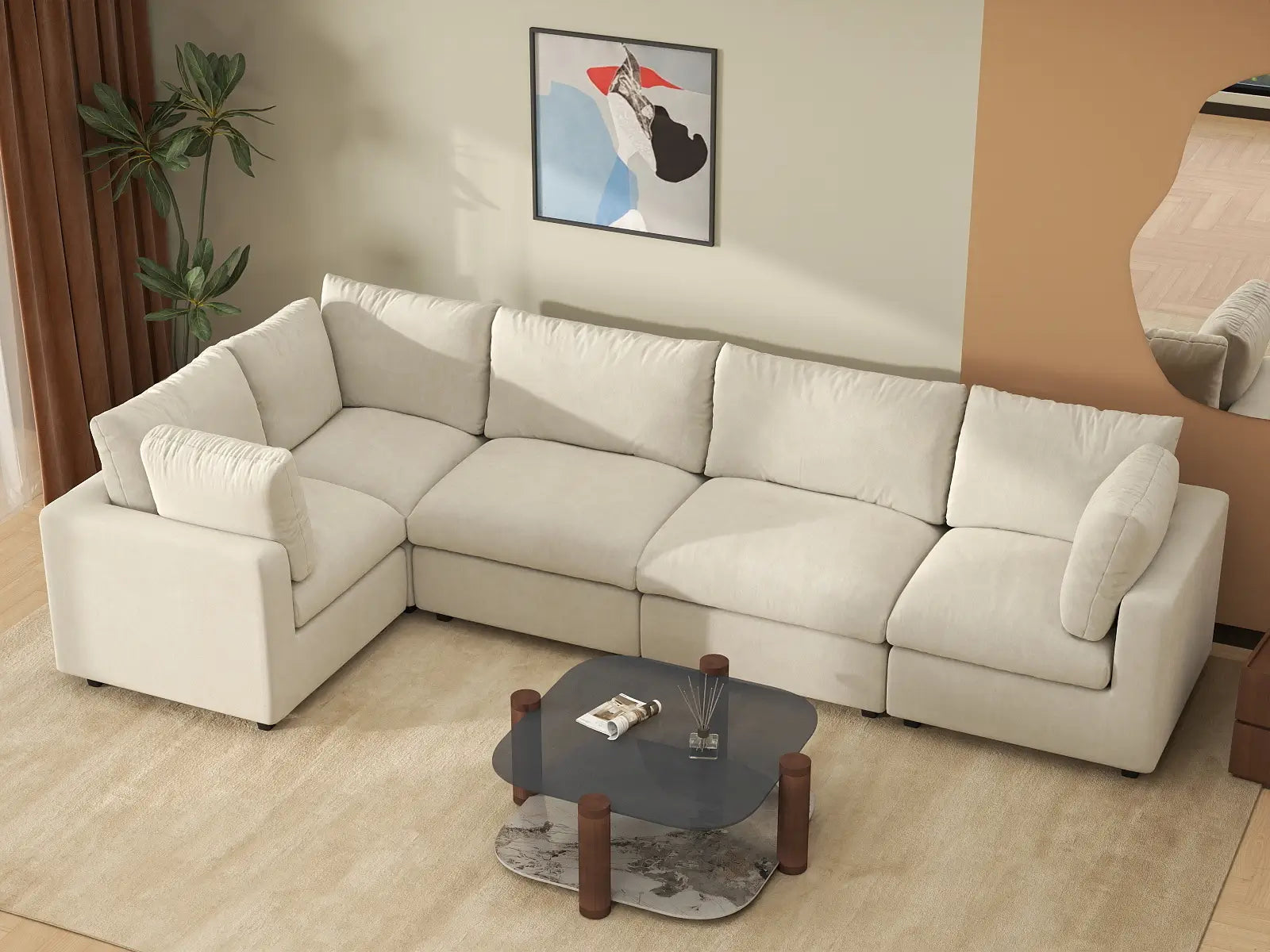 Fundas de sofá seccional Lounge Cloud | Funda de sofá de chenilla mezcla de lino beige para 5 asientos