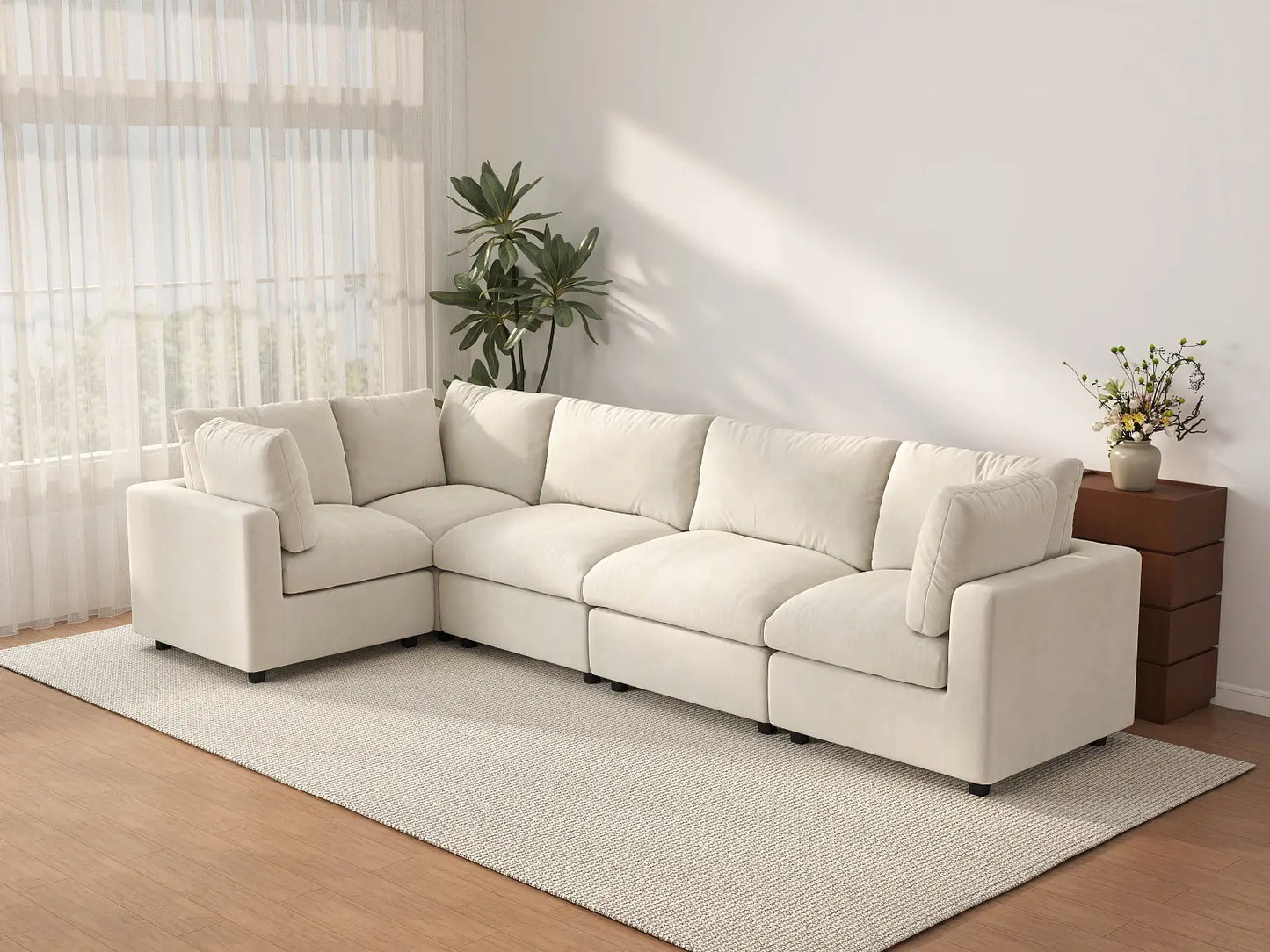 Seccional de lujo Cloud en forma de L de 5 plazas, beige, espacioso | 5 piezas, tela de chenilla de mezcla de lino, fácil de limpiar
