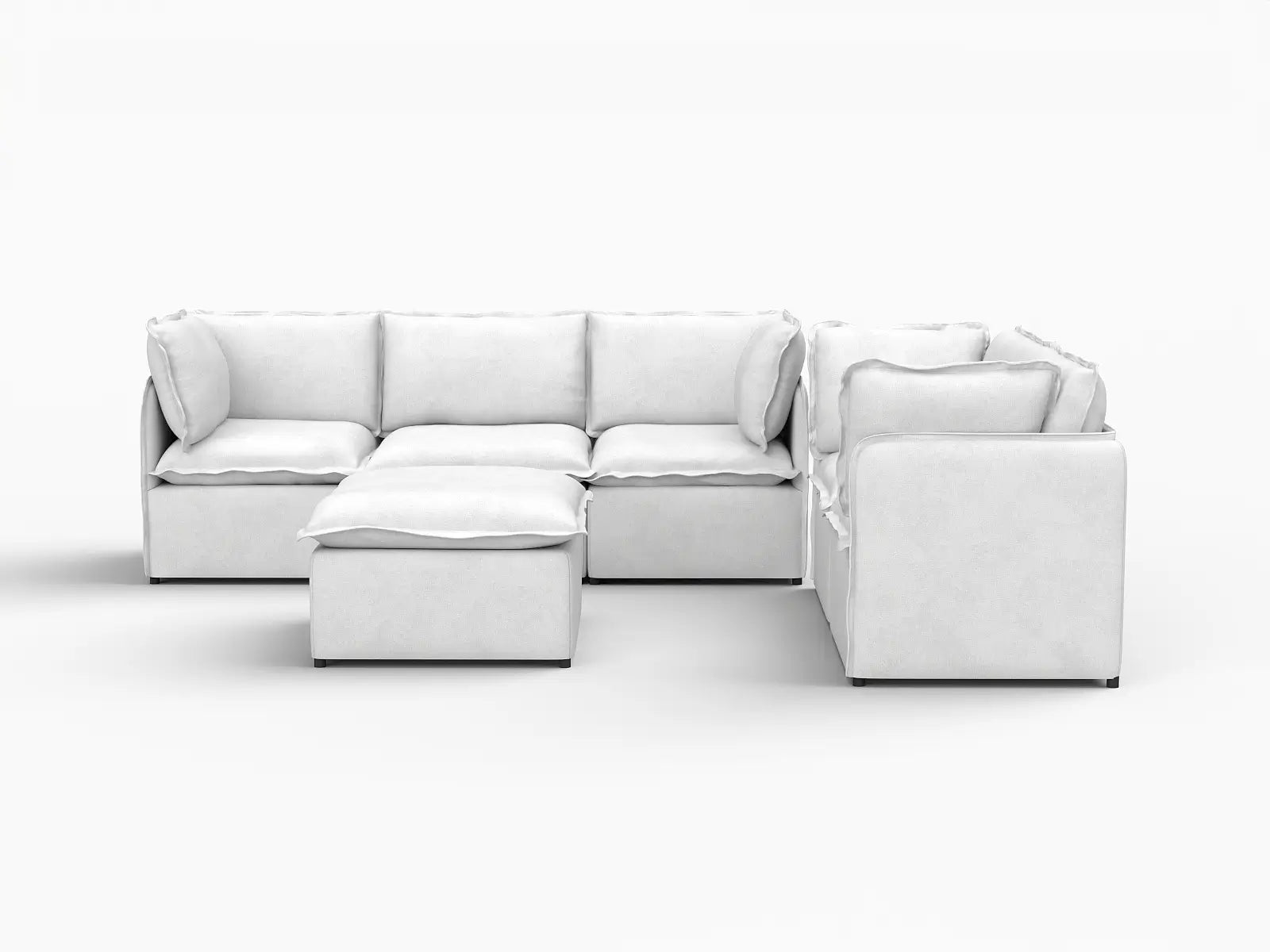Deluxe Cloud 5-Seater Beige Large Space Sofa Set | 6-Piece (Includes 1 Ottoman), Linen Look Poly Fabric, Easy To Clean