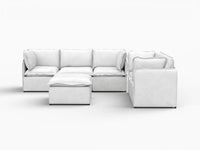 Deluxe Cloud 5-Seater Beige Large Space Sofa Set | 6-Piece (Includes 1 Ottoman), Linen Look Poly Fabric, Easy To Clean
