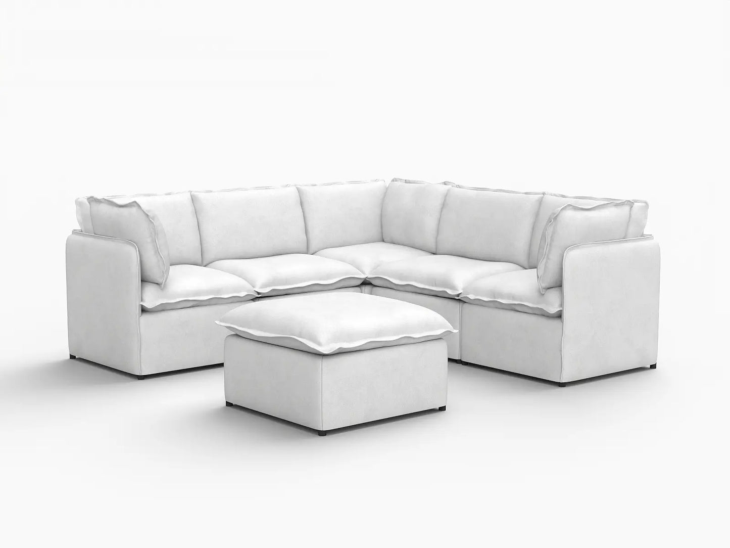 Deluxe Cloud 5-Seater Beige Large Space Sofa Set | 6-Piece (Includes 1 Ottoman), Linen Look Poly Fabric, Easy To Clean