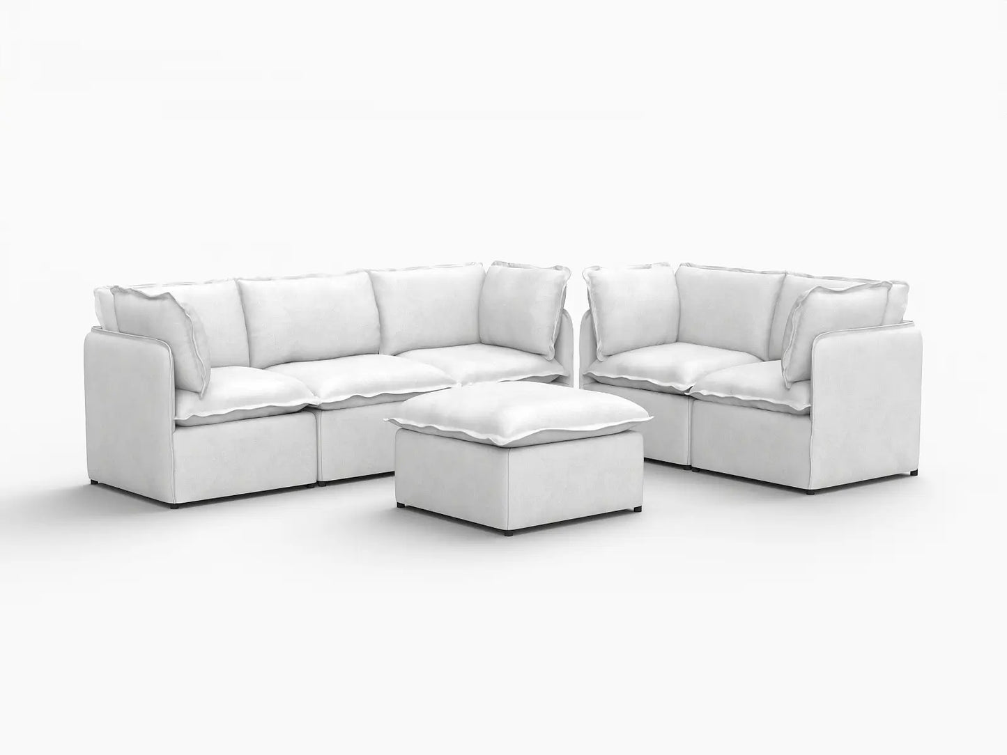 Deluxe Cloud 5-Seater Beige Large Space Sofa Set | 6-Piece (Includes 1 Ottoman), Linen Look Poly Fabric, Easy To Clean