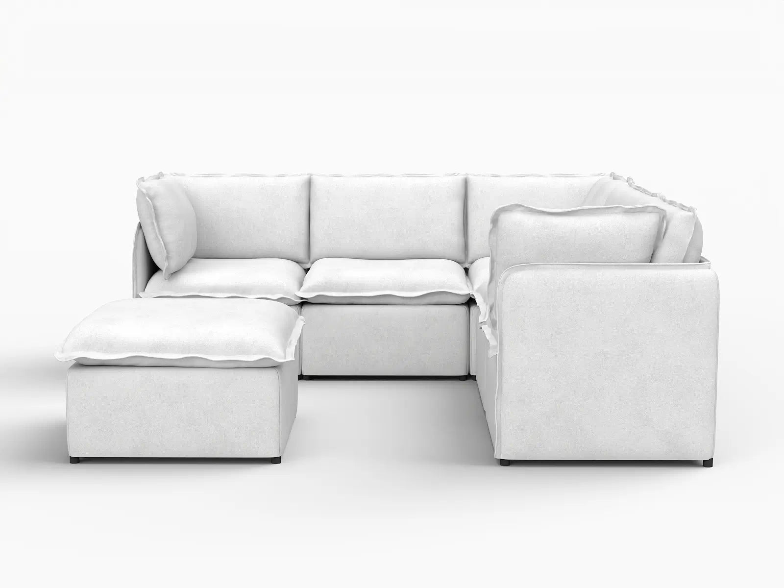 Deluxe Cloud 5-Seater Beige Large Space Sofa Set | 6-Piece (Includes 1 Ottoman), Linen Look Poly Fabric, Easy To Clean