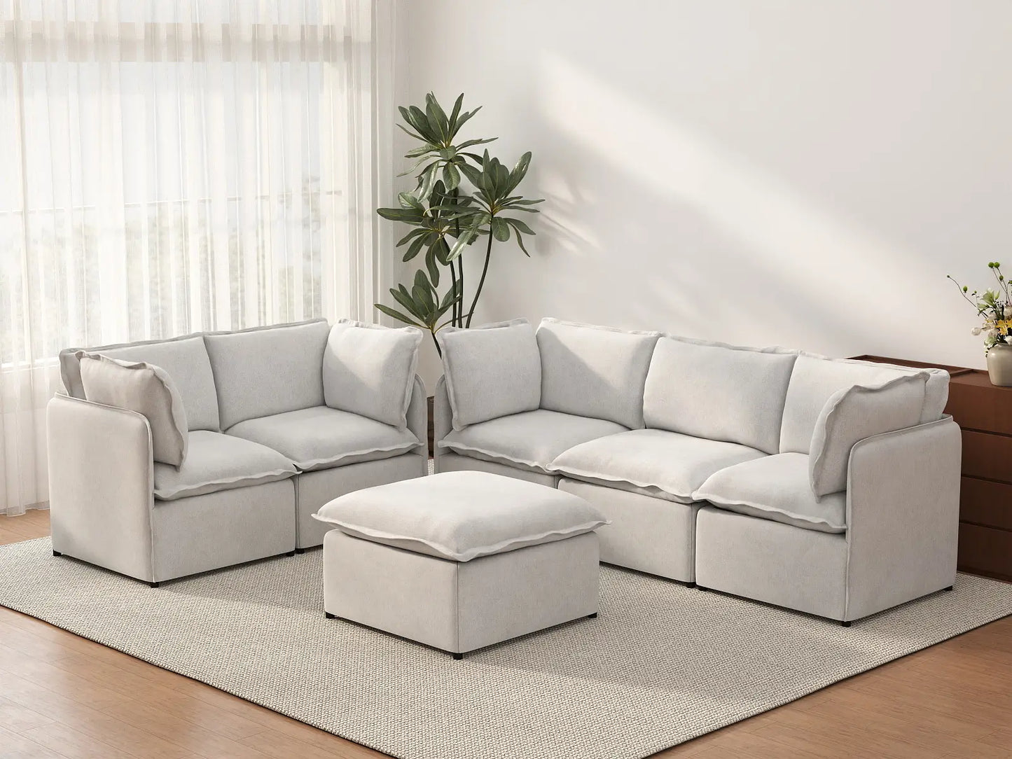 Deluxe Cloud 5-Seater Beige Large Space Sofa Set | 6-Piece (Includes 1 Ottoman), Linen Look Poly Fabric, Easy To Clean