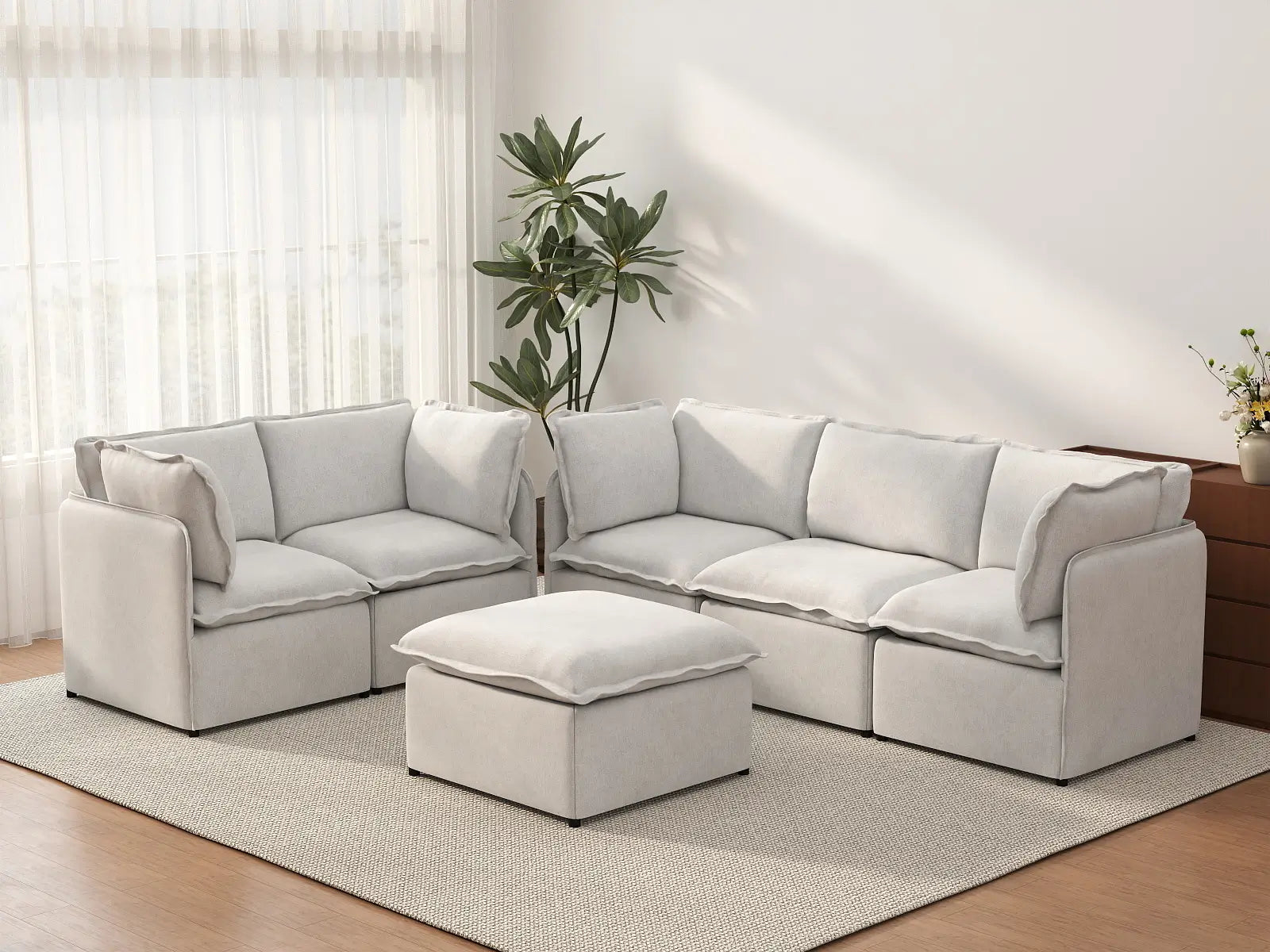 Deluxe Cloud 5-Seater Beige Large Space Sofa Set | 6-Piece (Includes 1 Ottoman), Linen Look Poly Fabric, Easy To Clean