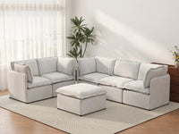 Deluxe Cloud 5-Seater Beige Large Space Sofa Set | 6-Piece (Includes 1 Ottoman), Linen Look Poly Fabric, Easy To Clean