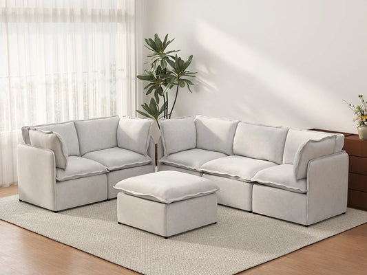 Deluxe Cloud 5-Seater Beige Large Space Sofa Set | 6-Piece (Includes 1 Ottoman), Linen Look Poly Fabric, Easy To Clean
