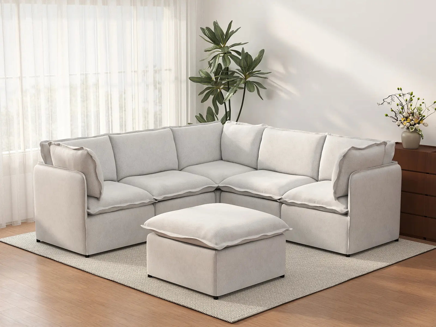 Deluxe Cloud 5-Seater Beige Large Space Sofa Set | 6-Piece (Includes 1 Ottoman), Linen Look Poly Fabric, Easy To Clean