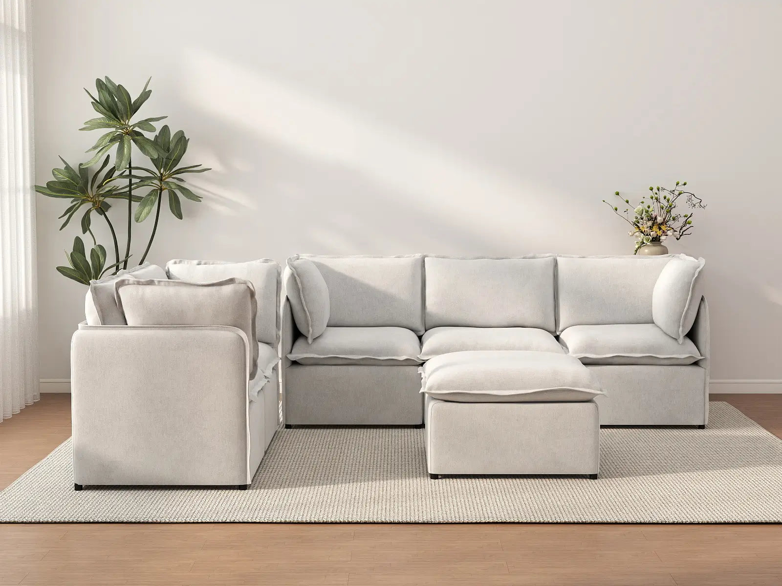 Deluxe Cloud 5-Seater Beige Large Space Sofa Set | 6-Piece (Includes 1 Ottoman), Linen Look Poly Fabric, Easy To Clean