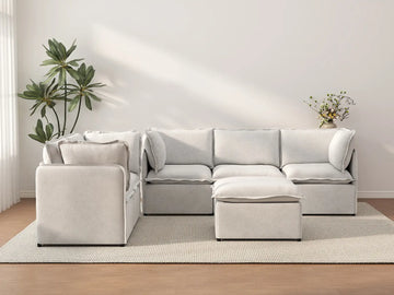 Deluxe Cloud 5-Seater Beige Large Space Sofa Set | 6-Piece (Includes 1 Ottoman), Linen Look Poly Fabric, Easy To Clean