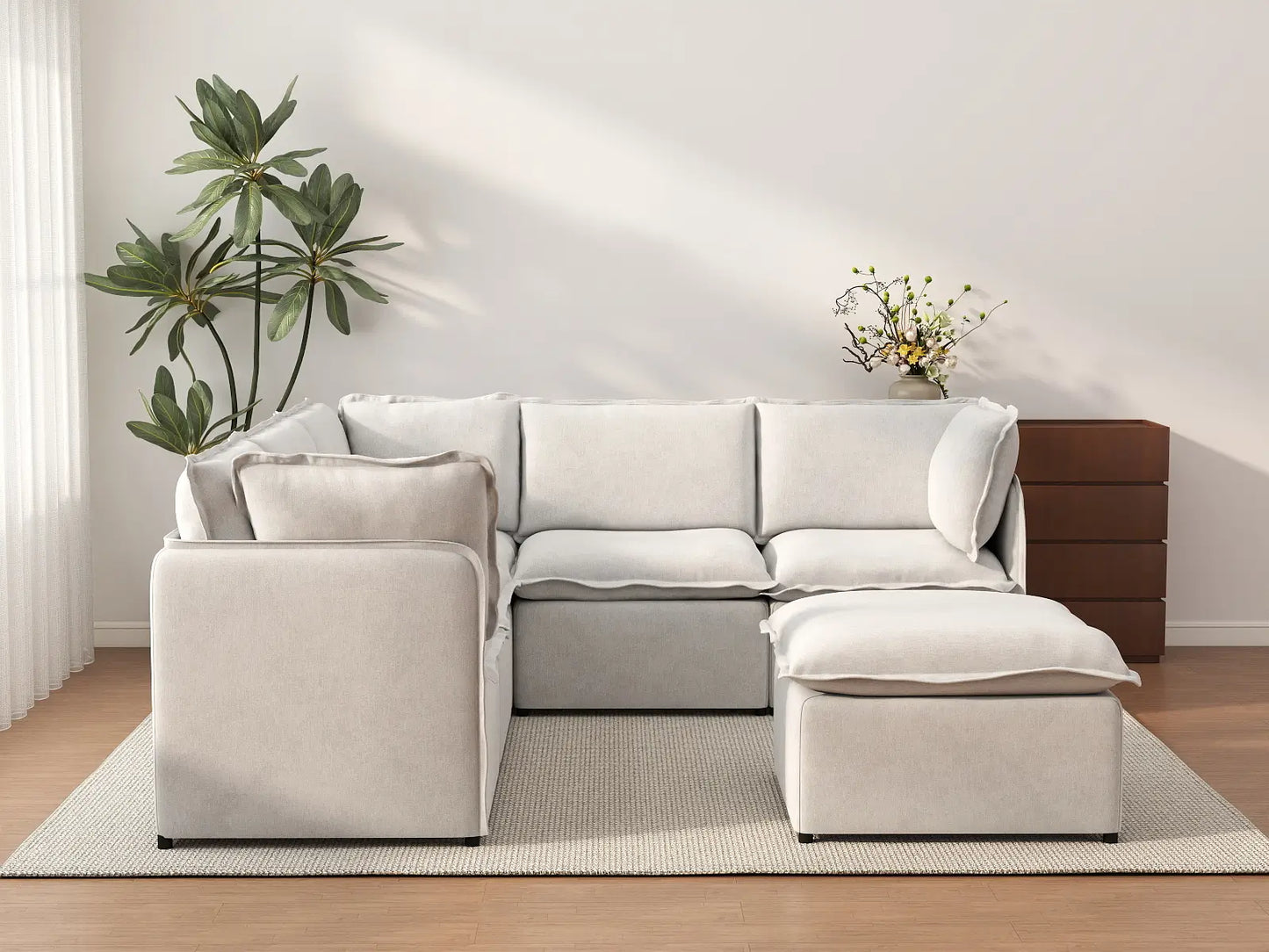 Deluxe Cloud 5-Seater Beige Large Space Sofa Set | 6-Piece (Includes 1 Ottoman), Linen Look Poly Fabric, Easy To Clean