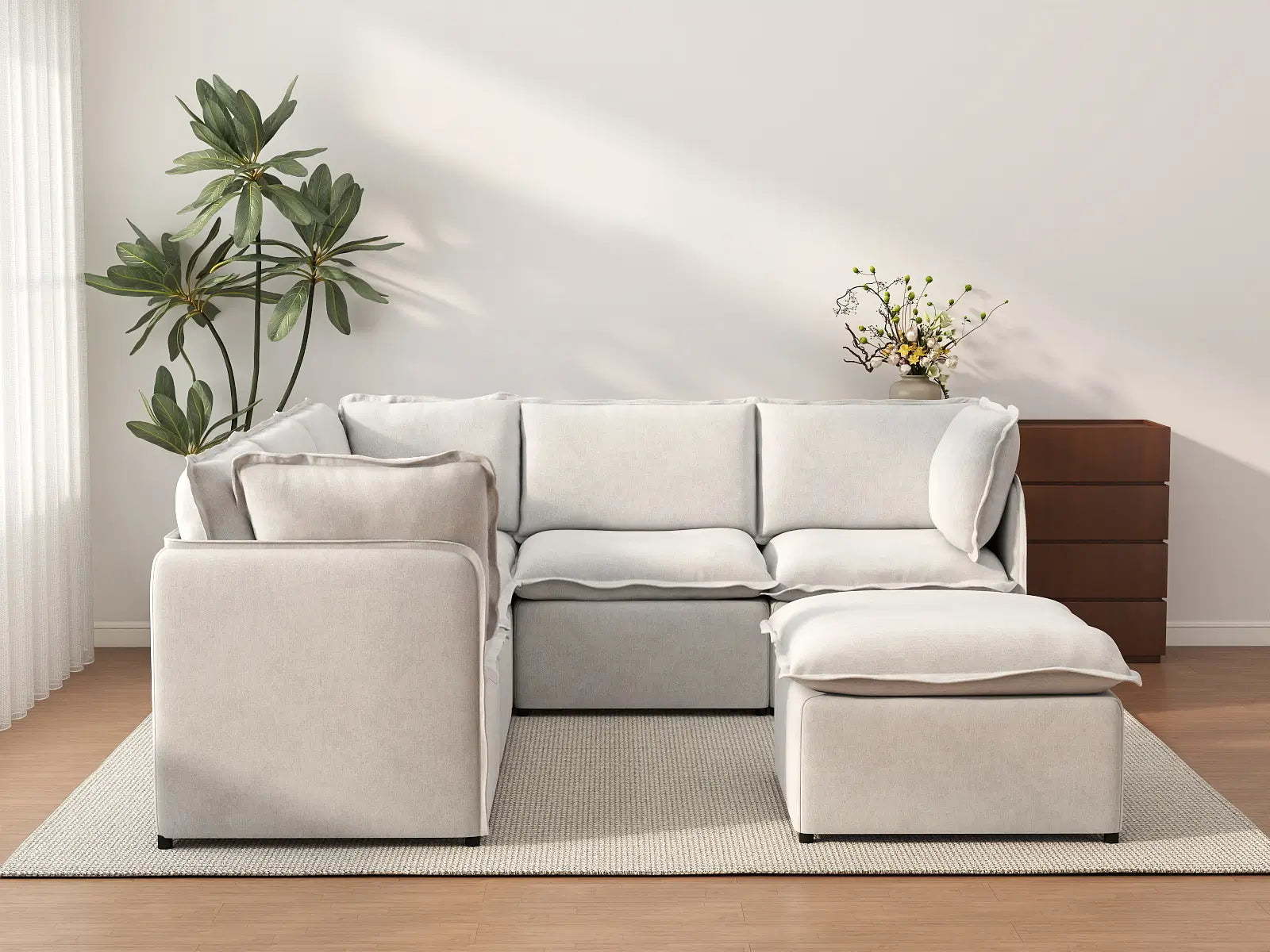 Deluxe Cloud 5-Seater Beige Large Space Sofa Set | 6-Piece (Includes 1 Ottoman), Linen Look Poly Fabric, Easy To Clean