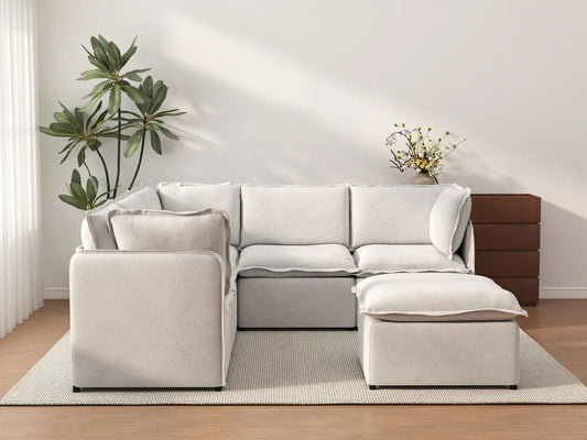 Deluxe Cloud 5-Seater Beige Large Space Sofa Set | 6-Piece (Includes 1 Ottoman), Linen Look Poly Fabric, Easy To Clean