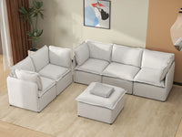 Deluxe Cloud 5-Seater Beige Large Space Sofa Set | 6-Piece (Includes 1 Ottoman), Linen Look Poly Fabric, Easy To Clean