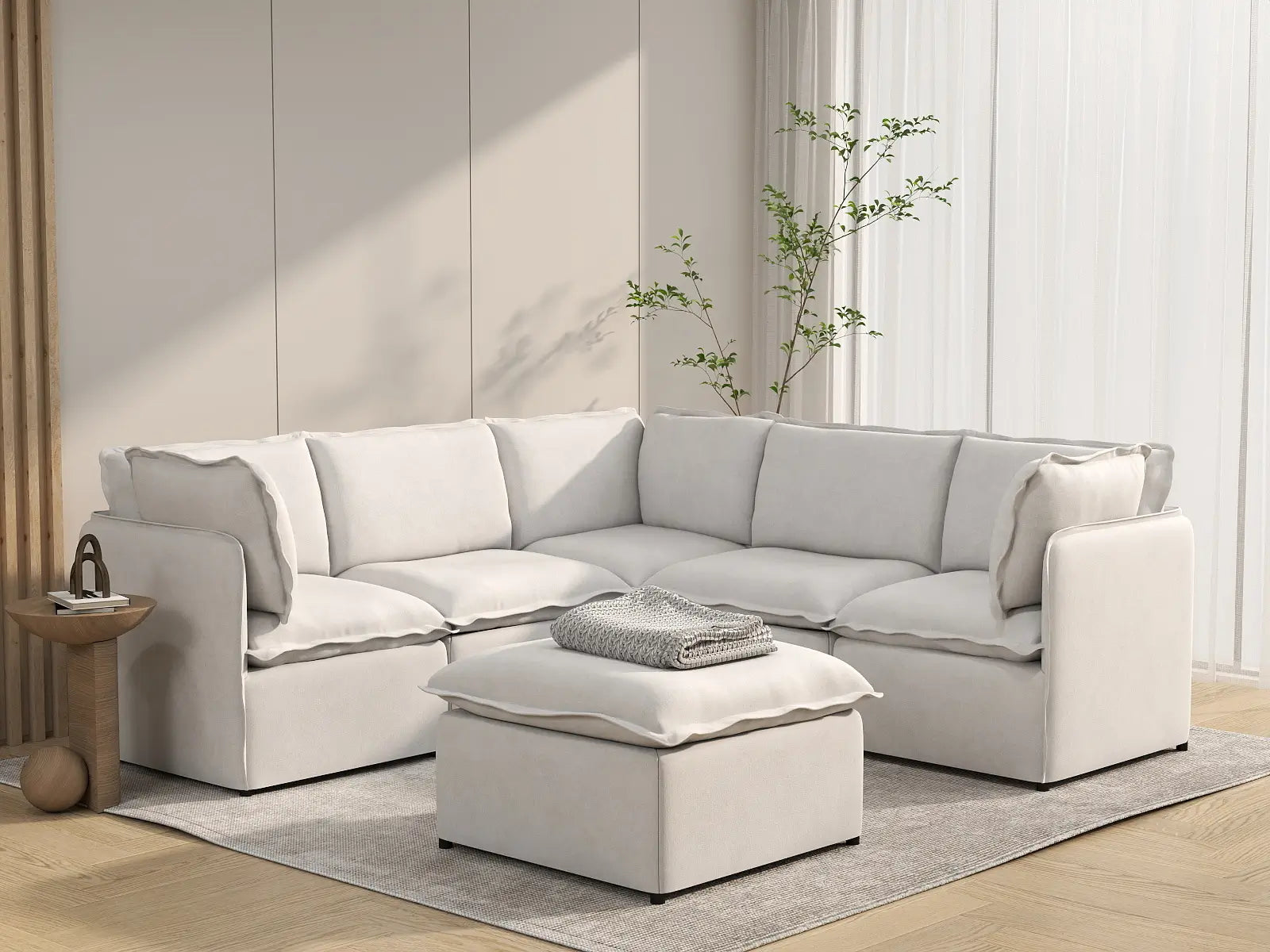 Deluxe Cloud 5-Seater Beige Large Space Sofa Set | 6-Piece (Includes 1 Ottoman), Linen Look Poly Fabric, Easy To Clean