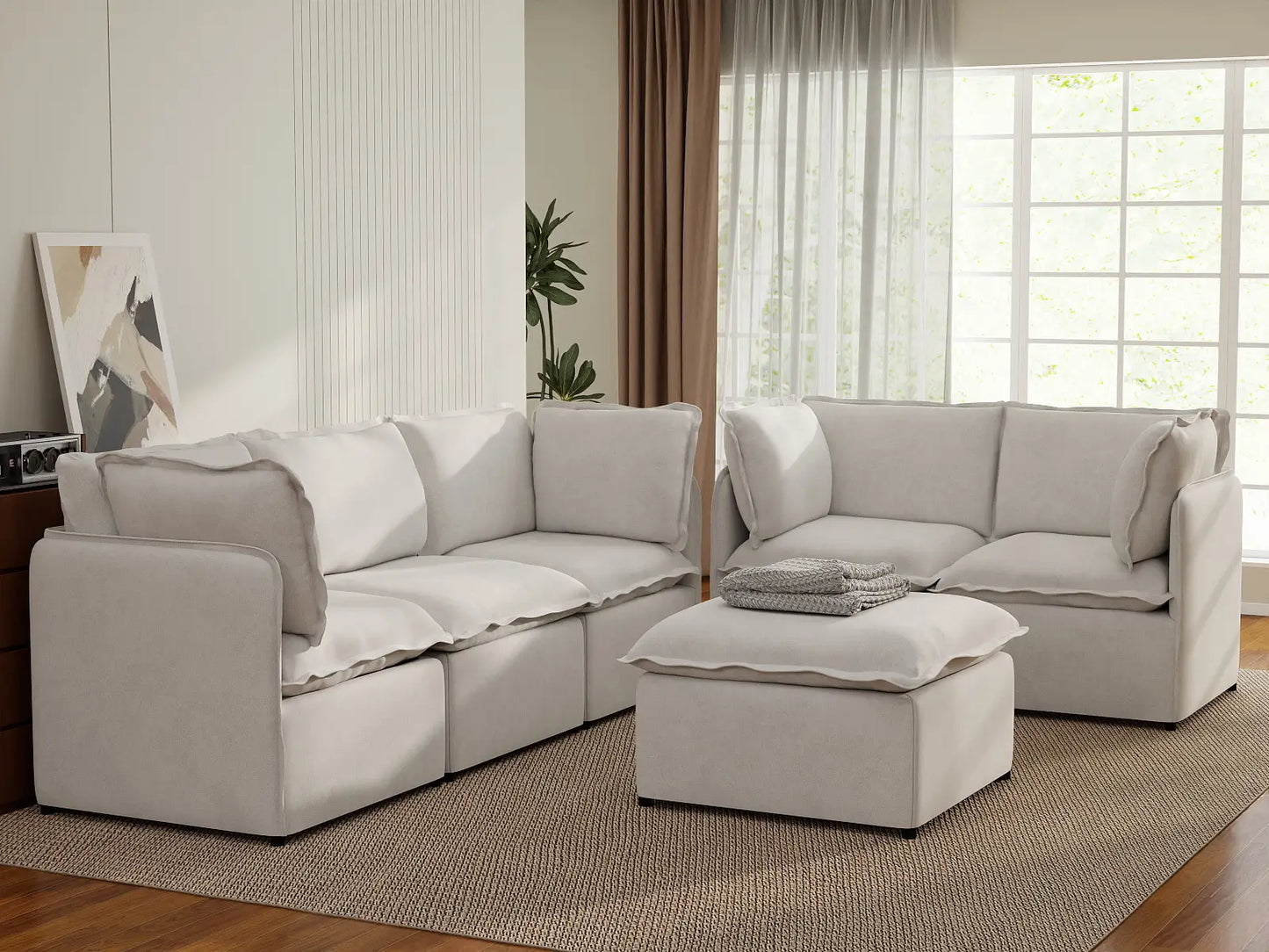 Deluxe Cloud 5-Seater Beige Large Space Sofa Set | 6-Piece (Includes 1 Ottoman), Linen Look Poly Fabric, Easy To Clean
