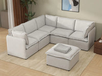 Deluxe Cloud 5-Seater Beige Large Space Sofa Set | 6-Piece (Includes 1 Ottoman), Linen Look Poly Fabric, Easy To Clean