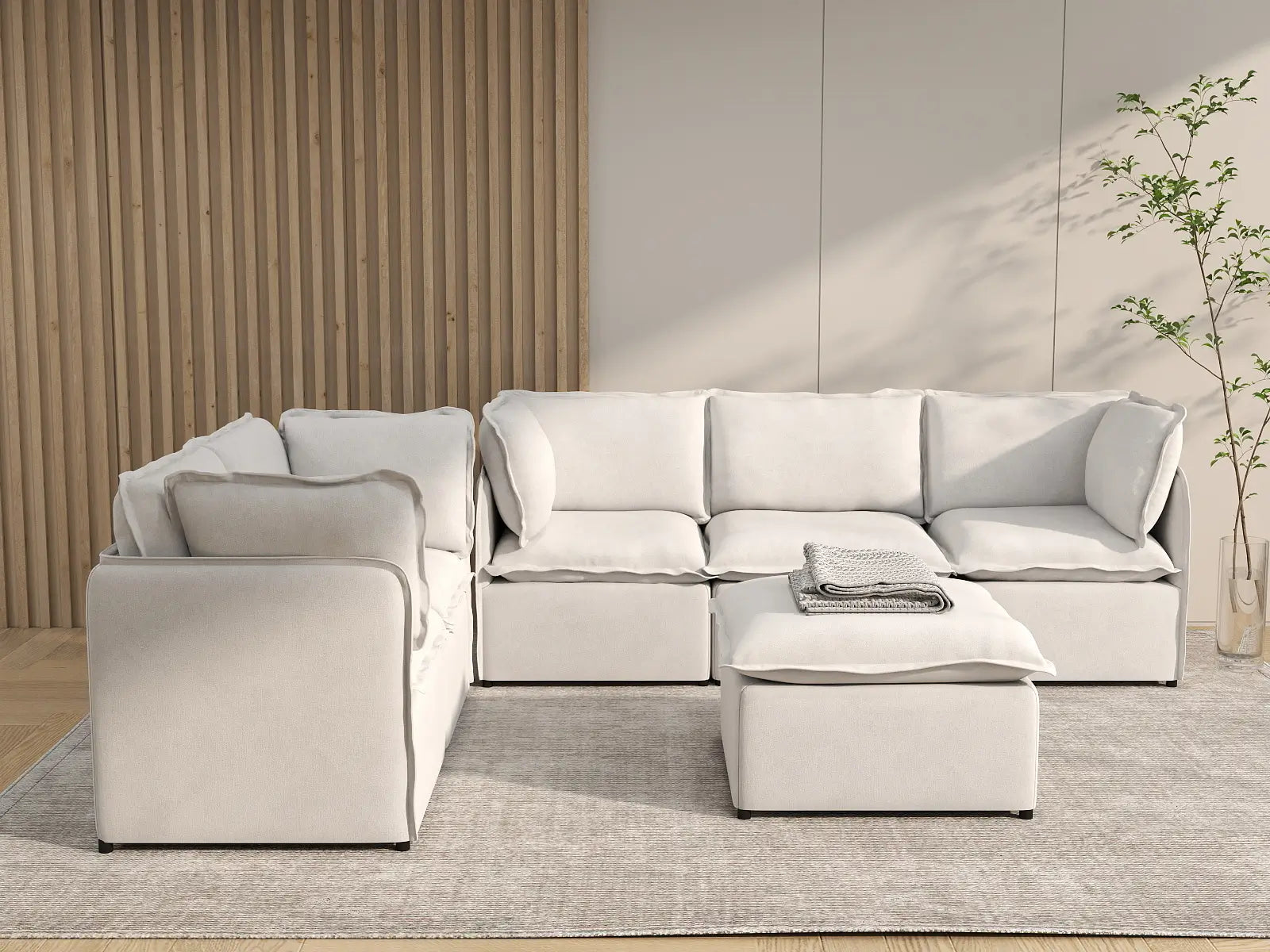 Deluxe Cloud 5-Seater Beige Large Space Sofa Set | 6-Piece (Includes 1 Ottoman), Linen Look Poly Fabric, Easy To Clean