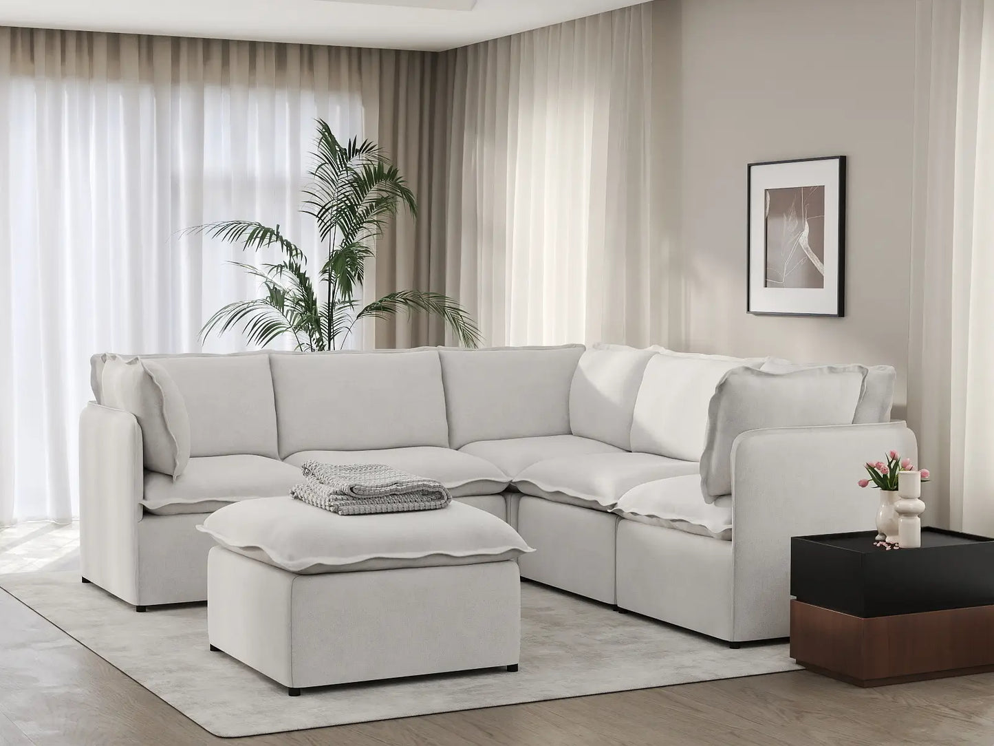 Deluxe Cloud 5-Seater Beige Large Space Sofa Set | 6-Piece (Includes 1 Ottoman), Linen Look Poly Fabric, Easy To Clean