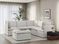 Deluxe Cloud 5-Seater Beige Large Space Sofa Set | 6-Piece (Includes 1 Ottoman), Linen Look Poly Fabric, Easy To Clean