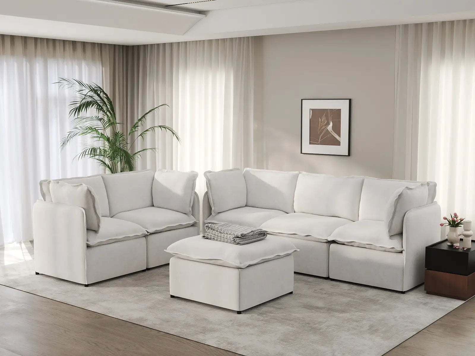 Deluxe Cloud 5-Seater Beige Large Space Sofa Set | 6-Piece (Includes 1 Ottoman), Linen Look Poly Fabric, Easy To Clean