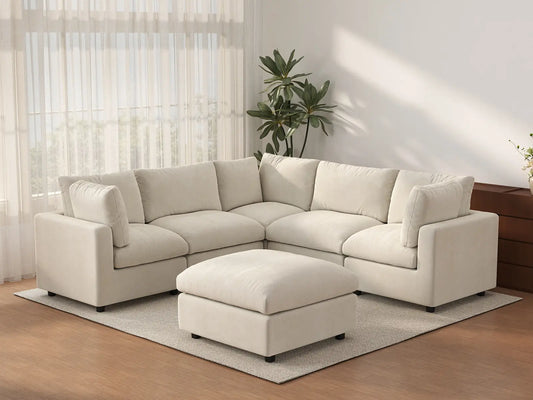 Deluxe Cloud 5-Seater Beige Large Space Sofa Set | 6-Piece (Includes 1 Ottoman), Linen-Blend Chenille Fabric, Easy To Clean