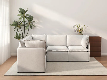 Deluxe Cloud 5-Seater Beige Large Space V-Shaped Sectional | 5-Piece, Linen Look Poly Fabric, Easy To Clean