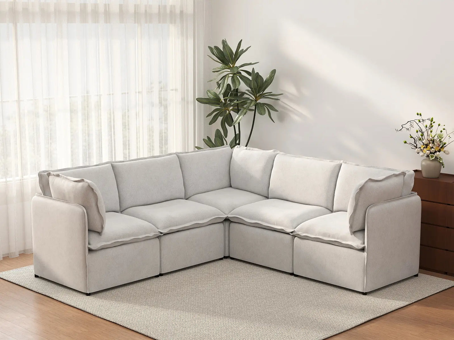 Deluxe Cloud 5-Seater Beige Large Space V-Shaped Sectional | 5-Piece, Linen Look Poly Fabric, Easy To Clean